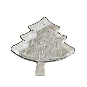 Vintage Clear Glass Christmas Tree Serving Dish Holiday Candy Tray Ornaments